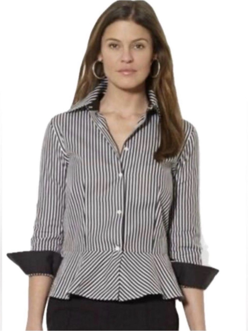 Lauren Ralph Lauren Black and White Striped Peplum Button-Down Shirt